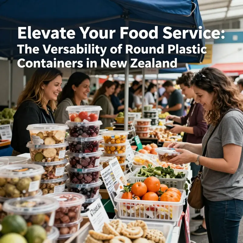 A vibrant market scene showcasing the popularity of round plastic food containers in New Zealand.