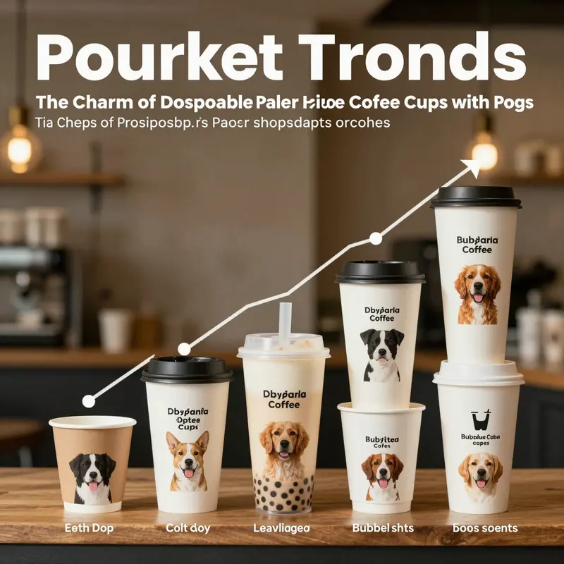 A lively arrangement of dog-themed disposable coffee cups that enhances the cafe atmosphere.