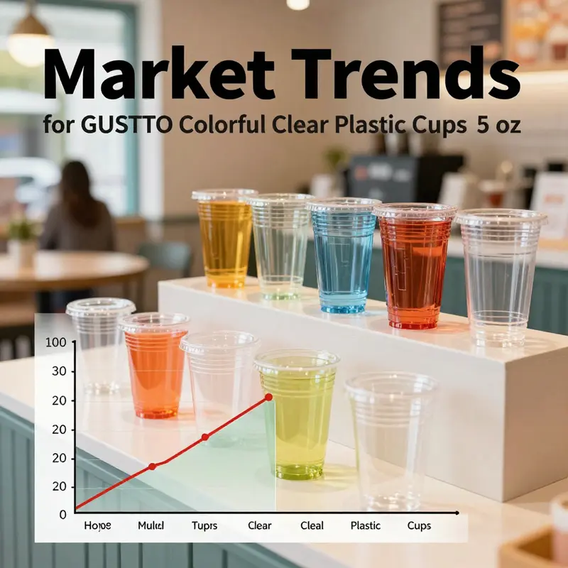 GUSTO 5 oz Colorful Clear Plastic Cups highlighting their crystal-clear design and colorful appeal in a beverage display.