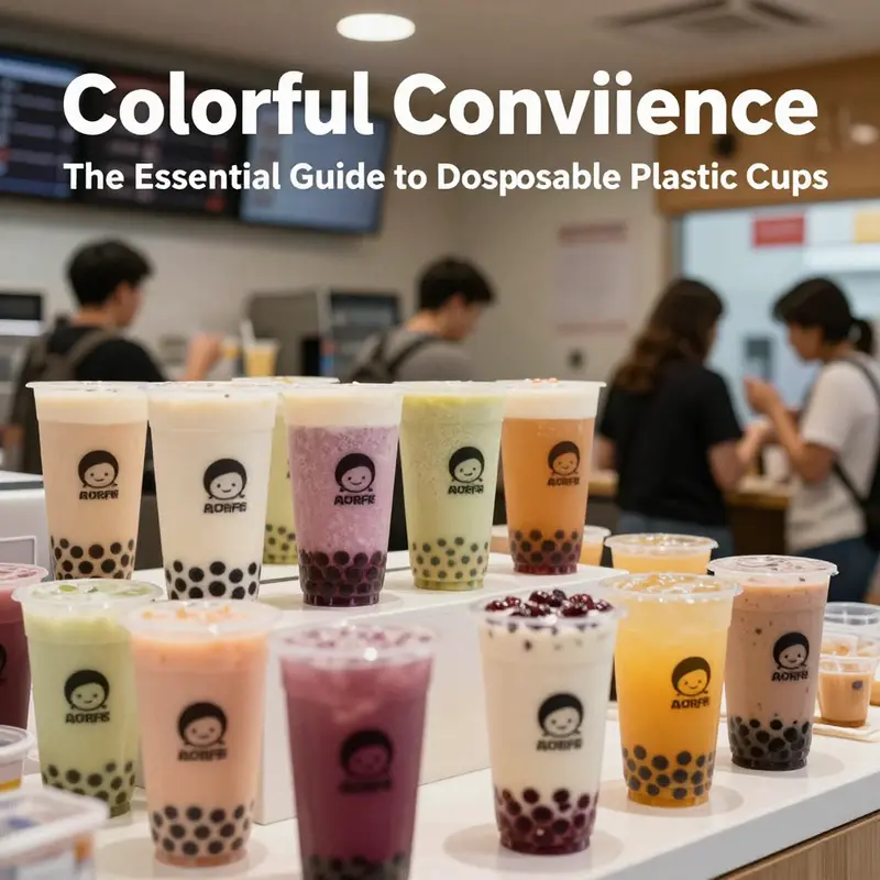 A vibrant bubble tea shop showcasing a range of colored plastic cups popular among consumers.