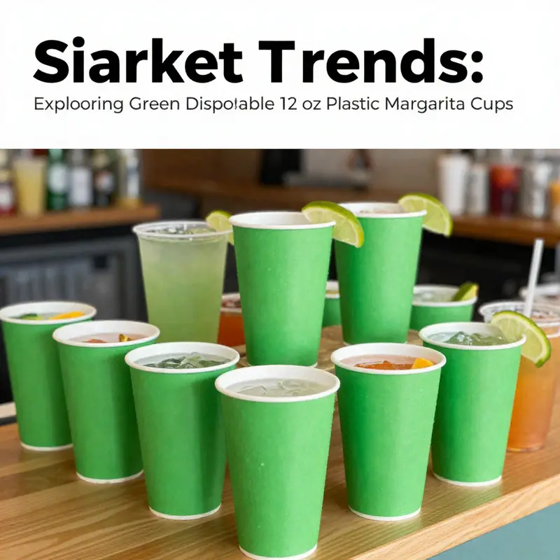 A display of vibrant green biodegradable margarita cups reflecting current market trends in eco-friendly beverage service.