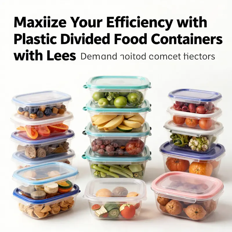 Showcasing the smart design of plastic divided food containers with multiple compartments for organized storage.