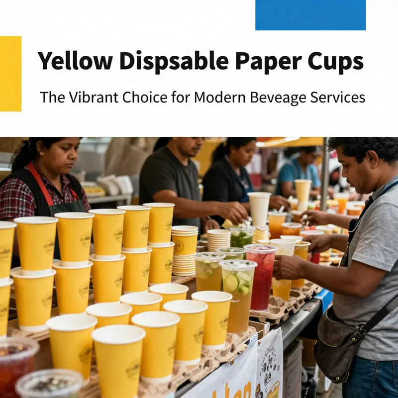 Vibrant display of yellow disposable paper cups at a market reflecting current trends.