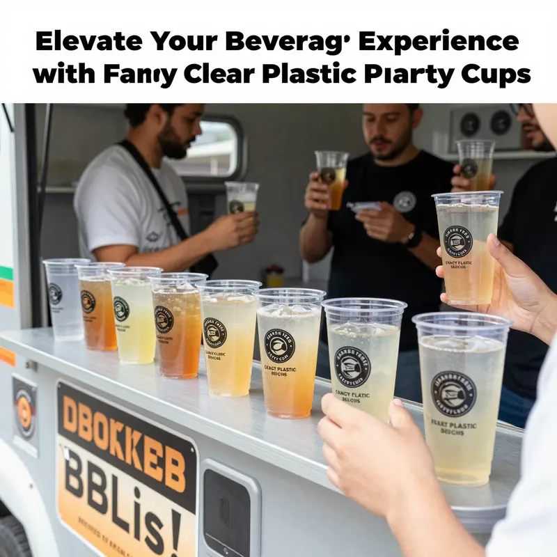 Various designs and sizes of fancy clear plastic party cups enhance presentation and functionality for diverse beverage needs.