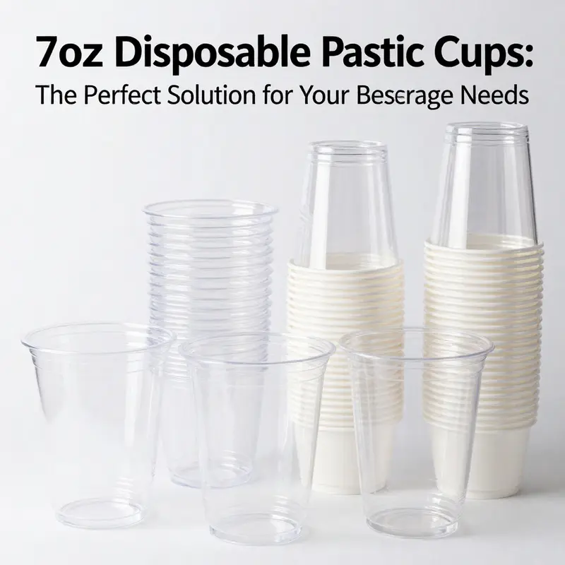 7oz disposable plastic cups made from high-quality PET and PP materials, showcasing their clarity and durability.