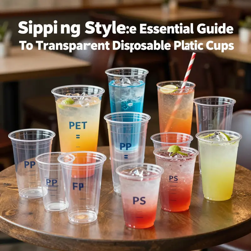A variety of transparent disposable plastic cups made from different materials, ideal for various beverage services.