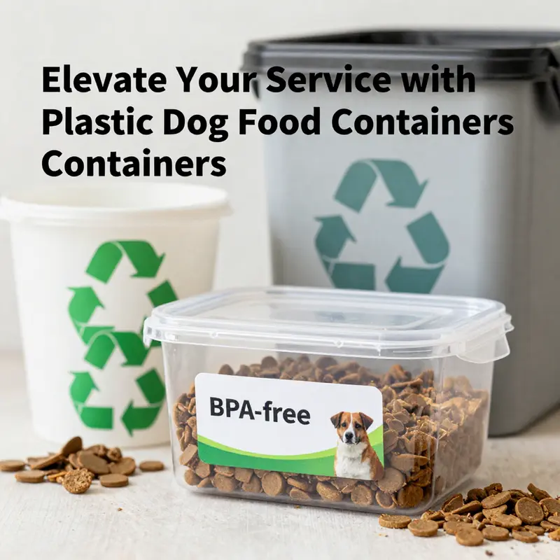 An array of plastic dog food containers emphasizing their various features and designs.