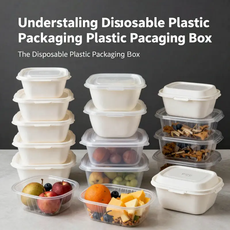 A variety of disposable plastic packaging boxes, illustrating the different materials and designs available for the food service industry.