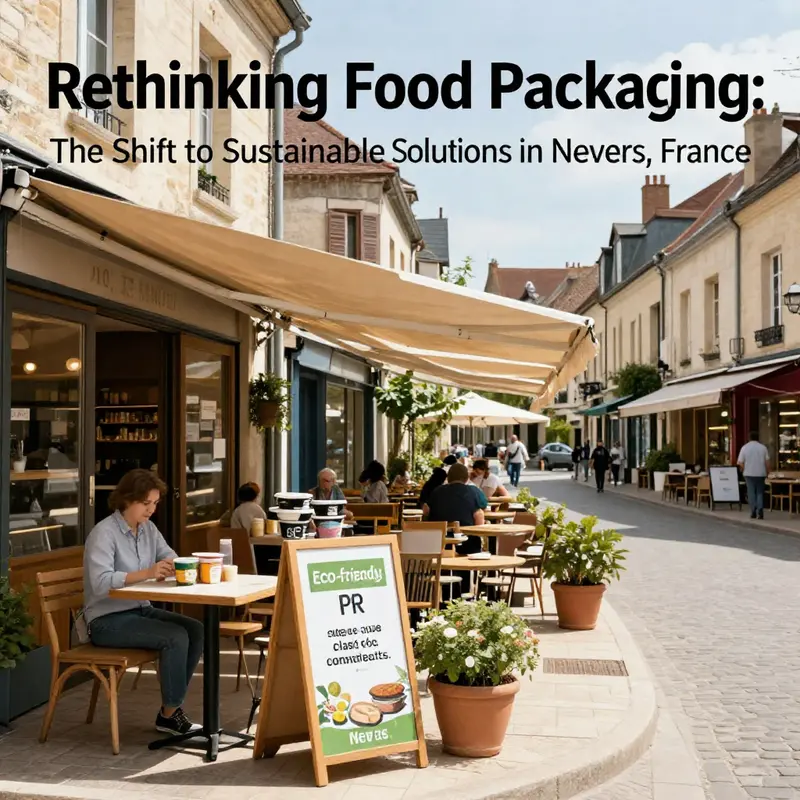 A lively street scene in Nevers with restaurants adopting eco-friendly packaging, symbolizing the city's shift towards sustainability.