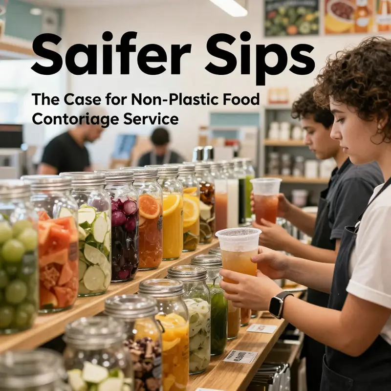 Beverage staff serving drinks from safe, non-plastic containers, emphasizing health risks associated with plastics.