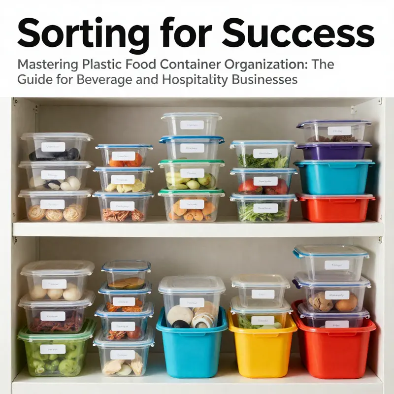 A well-sorted shelf of plastic food containers by size and function, optimized for quick access and efficiency.