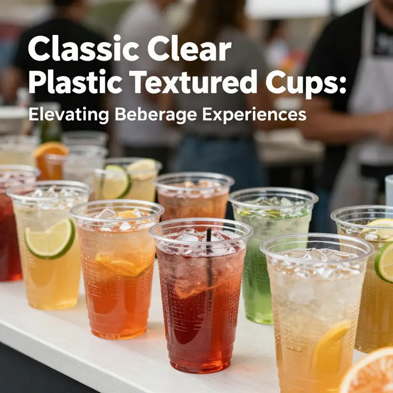 Classic clear plastic textured cups featured at an outdoor event with colorful beverages.