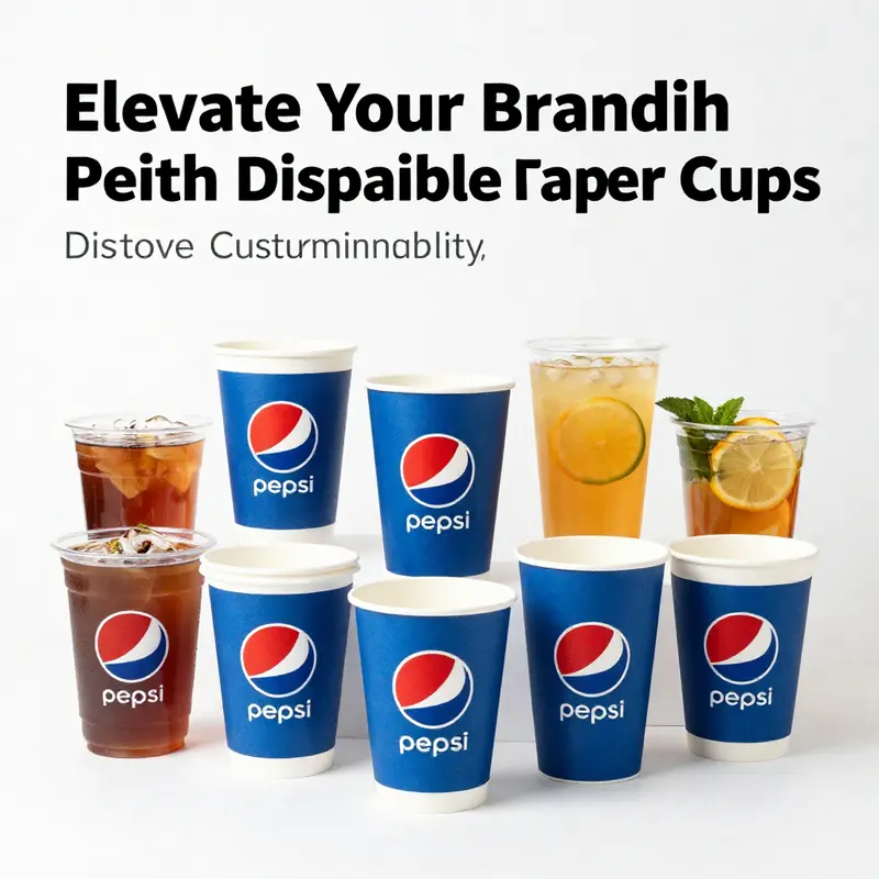 An assortment of Pepsi disposable paper cups filled with a variety of drinks, highlighting their versatility for hot and cold beverages.