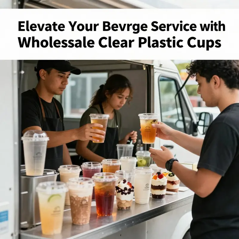 A variety of clear plastic cups demonstrating different sizes and material clarity, essential for beverage service.