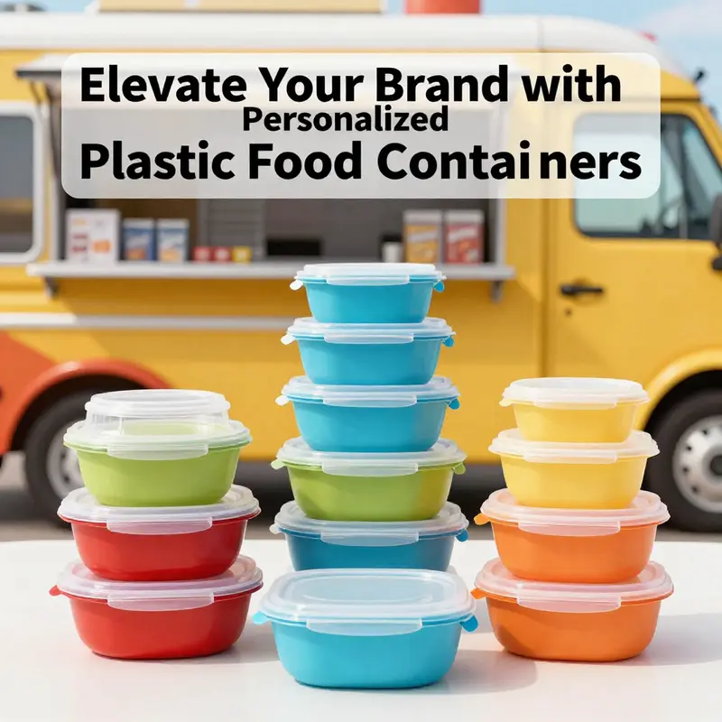 Showcasing various personalized plastic food containers perfect for food trucks, restaurants, and catering services.