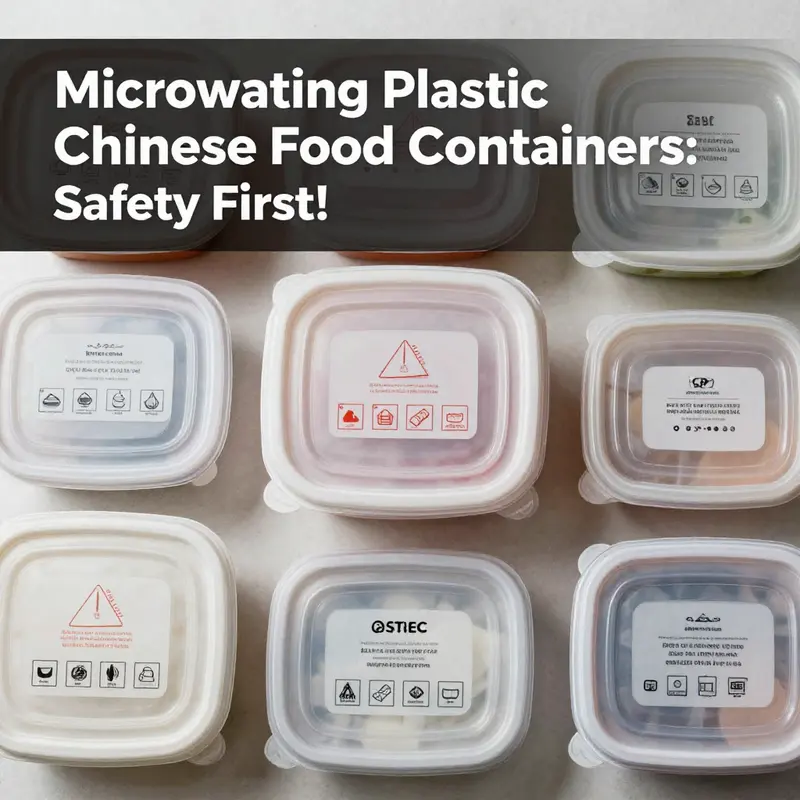 Various plastic Chinese food containers highlighting safety labels.