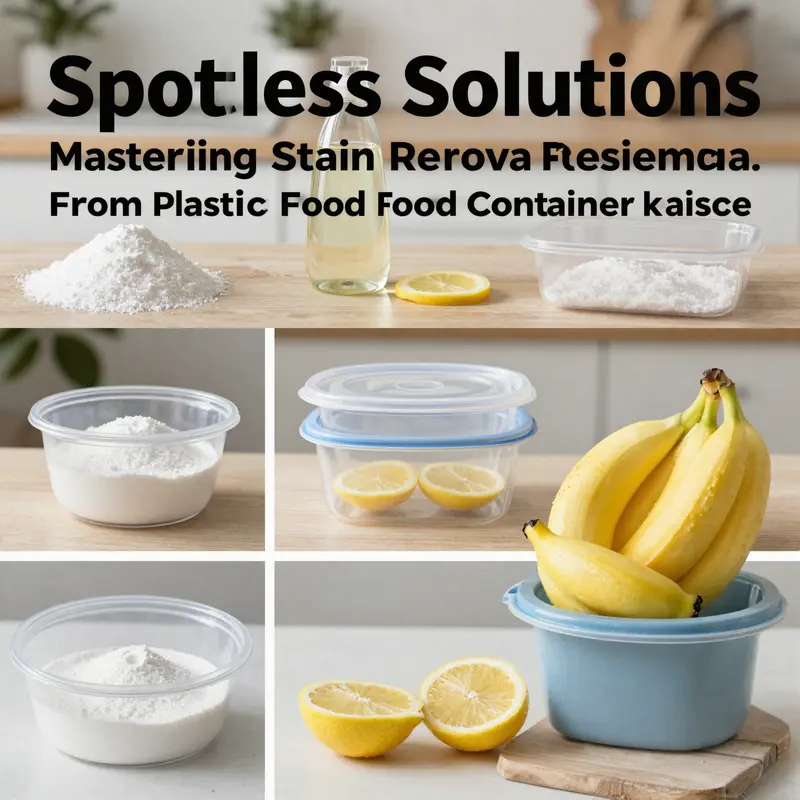 Montage image displaying different cleaning methods for plastic food containers using baking soda, vinegar, lemons, and sunlight.