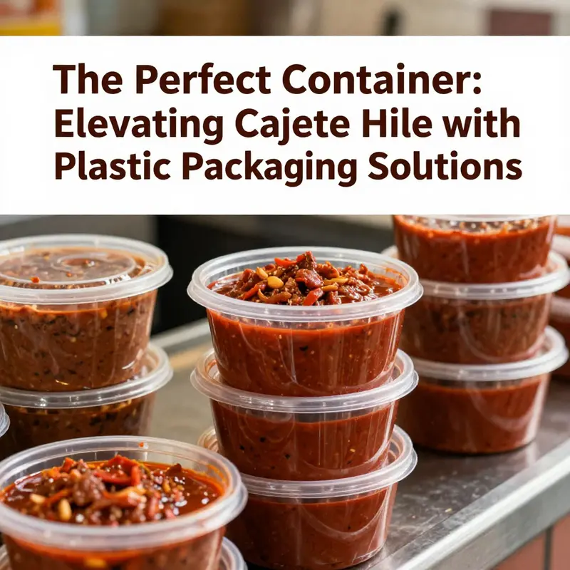 A variety of plastic containers filled with Cajete Chile showcased at a busy fast food location.