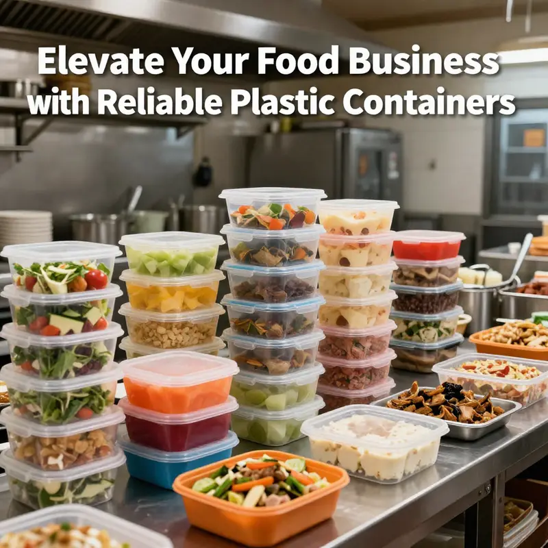 Properly organized stacks of plastic food containers in a busy restaurant kitchen.