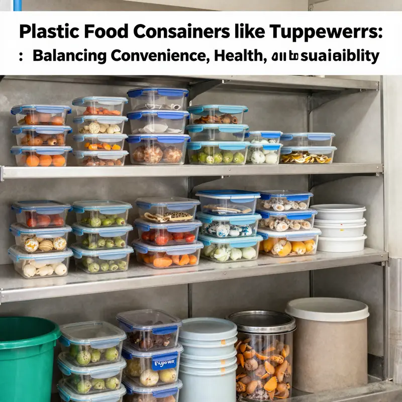 Professional kitchen and food truck area with plastic and glass food storage containers organized on shelves and counters under natural lighting.