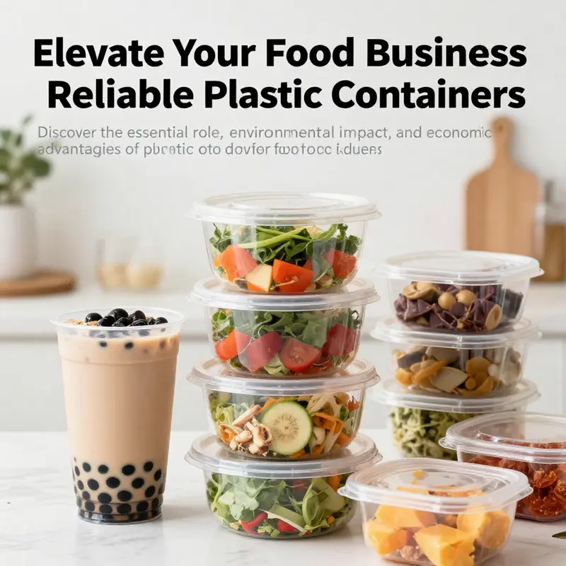 An array of colorful plastic food containers showcasing different kinds of food including bubble tea and salads.
