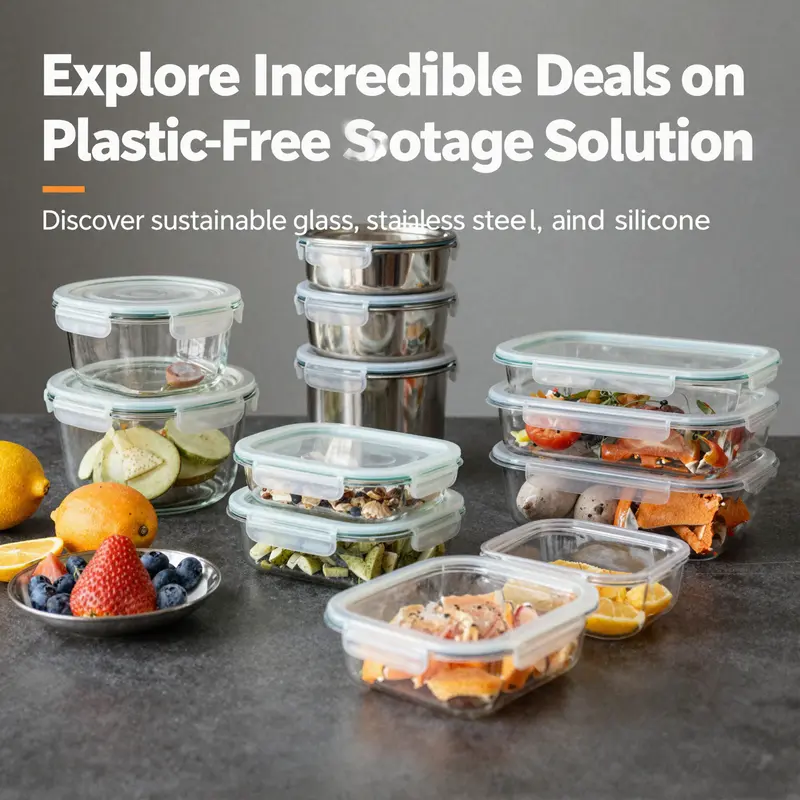 A variety of glass, stainless steel, and silicone food storage containers beautifully arranged with fresh food items.