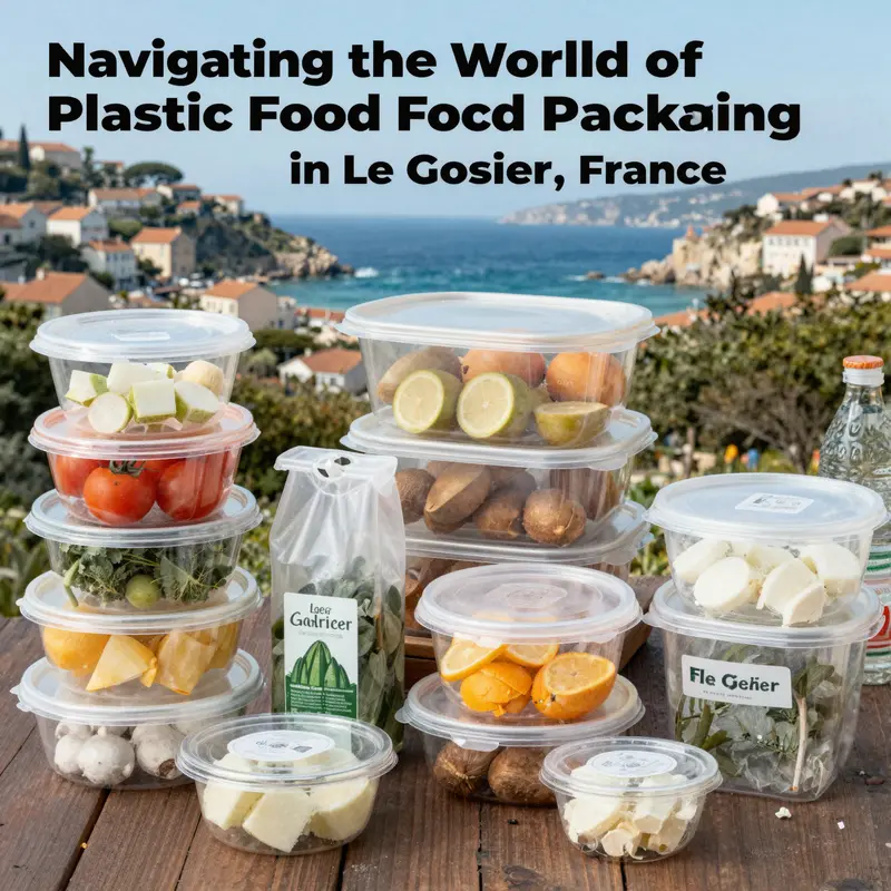An array of plastic food packaging containers displayed with the picturesque coastline of Le Gosier, illustrating local culinary vibrancy.