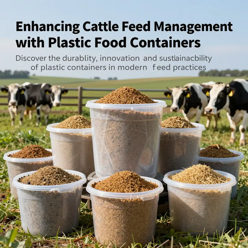 Cover image depicting plastic food containers filled with cattle feed on a farm with livestock in the background.