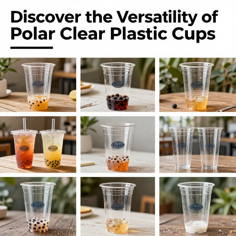 A collage of Polar Clear Plastic Cups used in various environments, illustrating their adaptability and appeal.