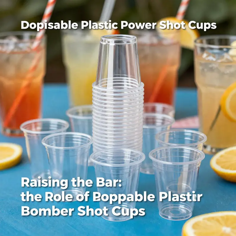 Detailed view of disposable plastic power bomber shot cups highlighting their stackable design and clarity.
