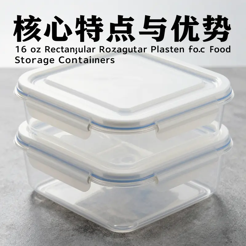 Showcasing a 16 oz rectangular food storage container that emphasizes its safety and sealing features.