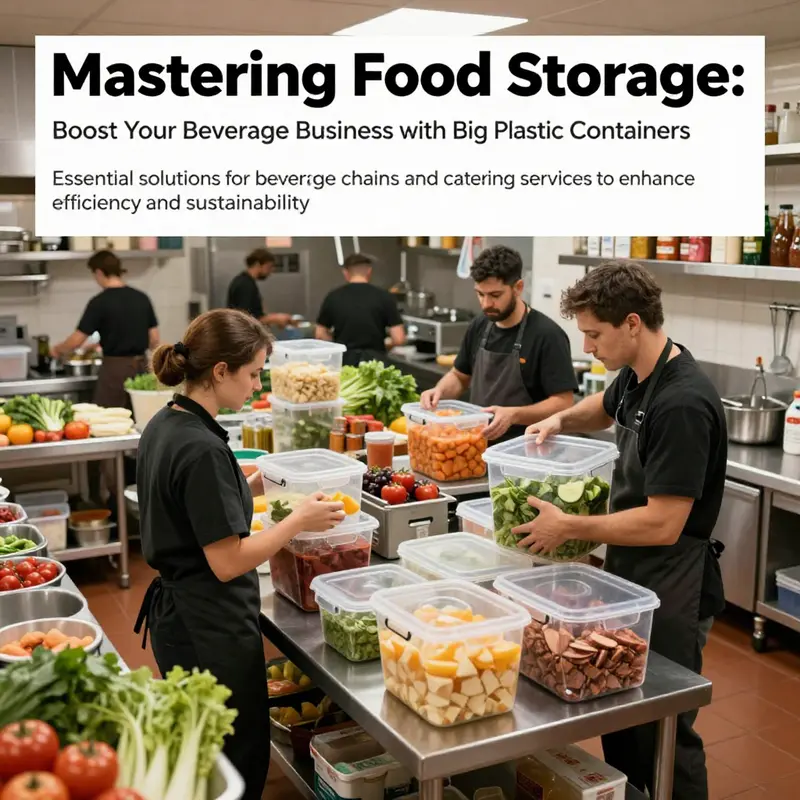 A busy restaurant kitchen filled with large plastic food storage containers in use, demonstrating efficiency and organization.