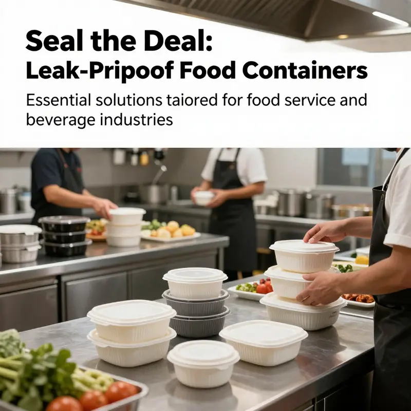 Staff in a restaurant kitchen packaging food into leak-proof disposable containers.