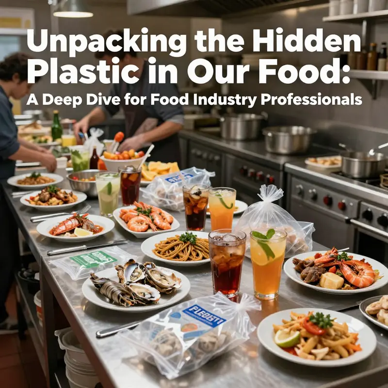 A busy restaurant kitchen with foods and drinks surrounded by plastic packaging, highlighting the issue of plastic in the food industry.