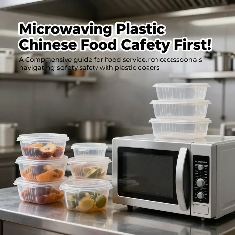 A busy restaurant kitchen with plastic containers and a microwave in use, emphasizing safety.