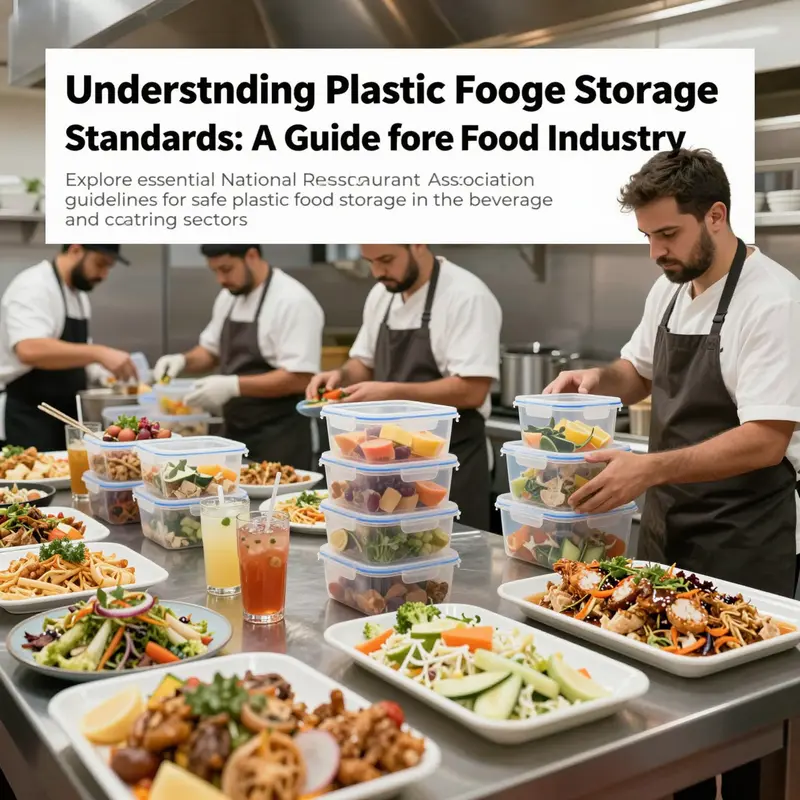 A busy restaurant kitchen displaying food safety practices with staff using properly labeled plastic storage containers.