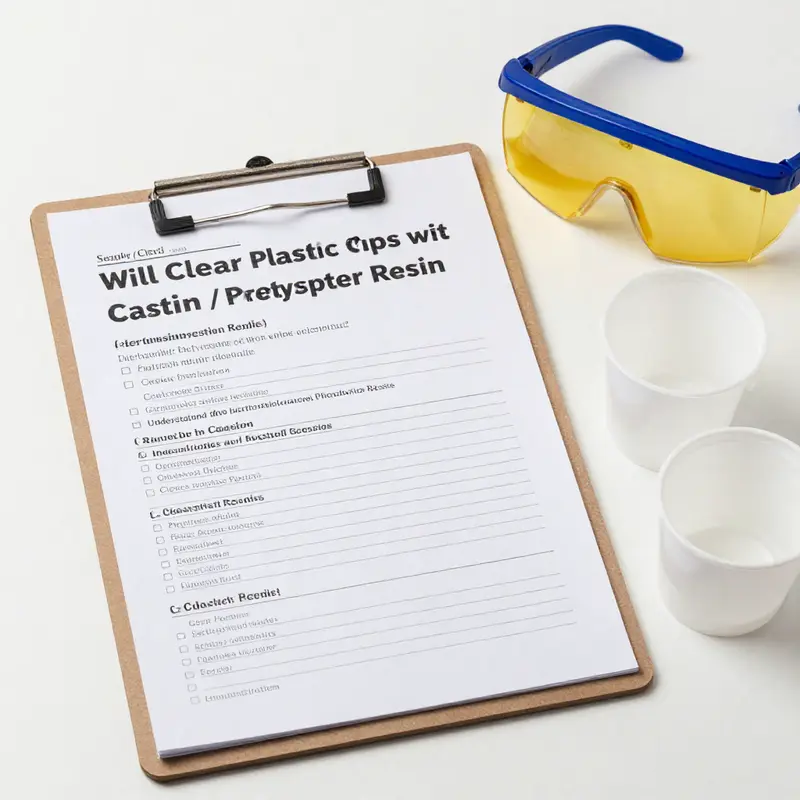 Diagram illustrating the curing process of polyester resin and its effects on clear plastic cups.