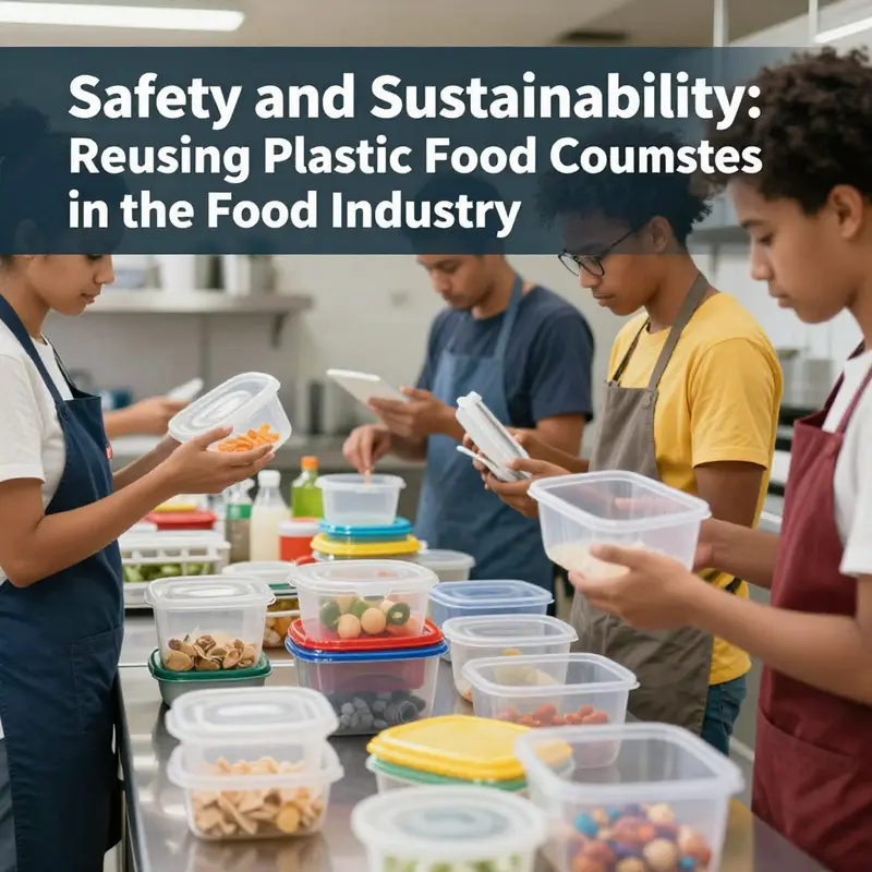 Staff ensuring safety and hygiene of reused plastic food containers in a bustling kitchen.