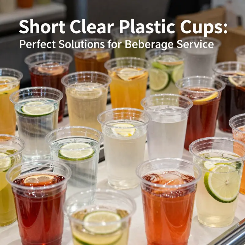 Short clear plastic cups highlighted with various beverages for diverse occasions.