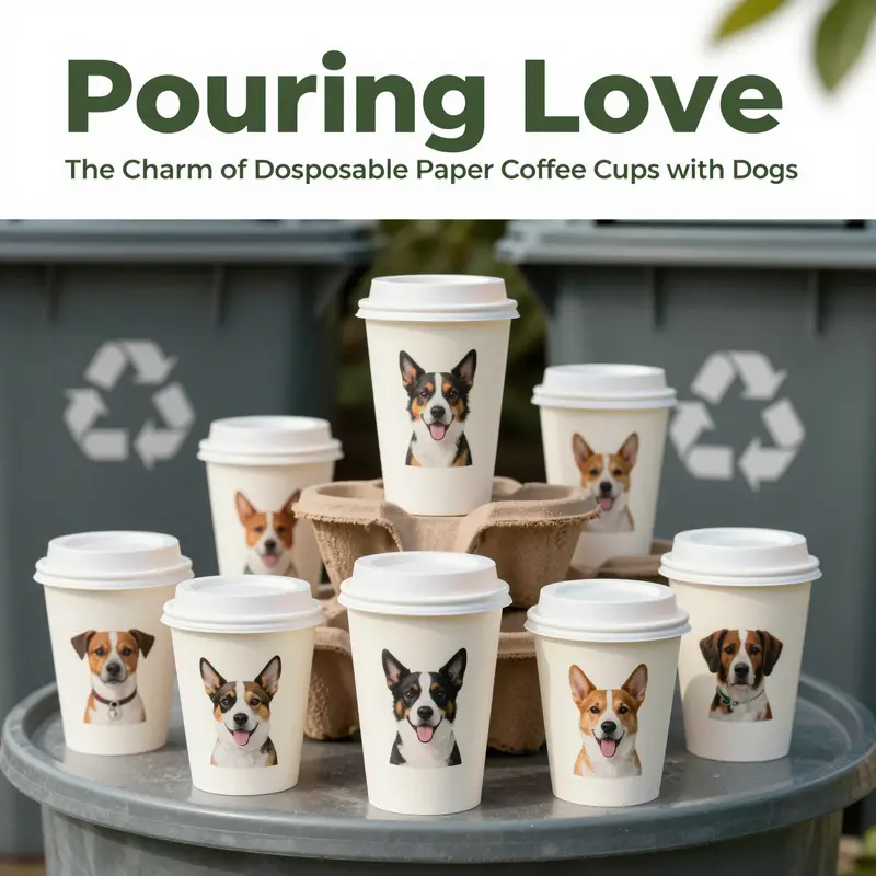 A lively arrangement of dog-themed disposable coffee cups that enhances the cafe atmosphere.