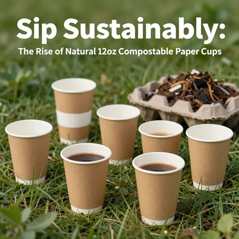 Natural 12oz compostable paper cups displayed outdoors, emphasizing their sustainable design and composting benefits.
