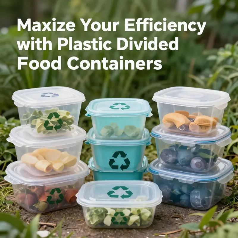 Showcasing the smart design of plastic divided food containers with multiple compartments for organized storage.