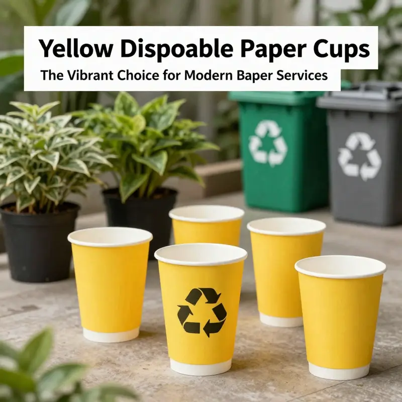 Vibrant display of yellow disposable paper cups at a market reflecting current trends.
