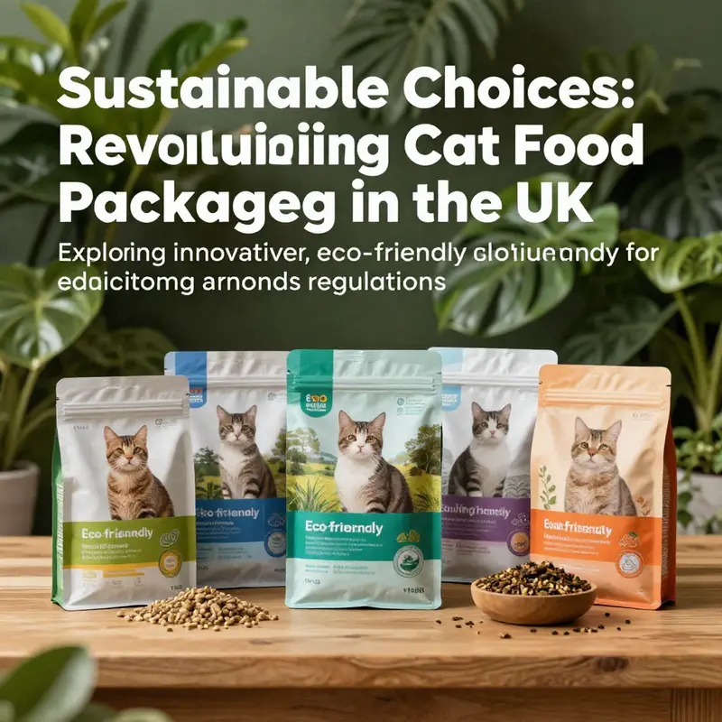 A vibrant showcase of diverse eco-friendly cat food packaging against a natural backdrop.