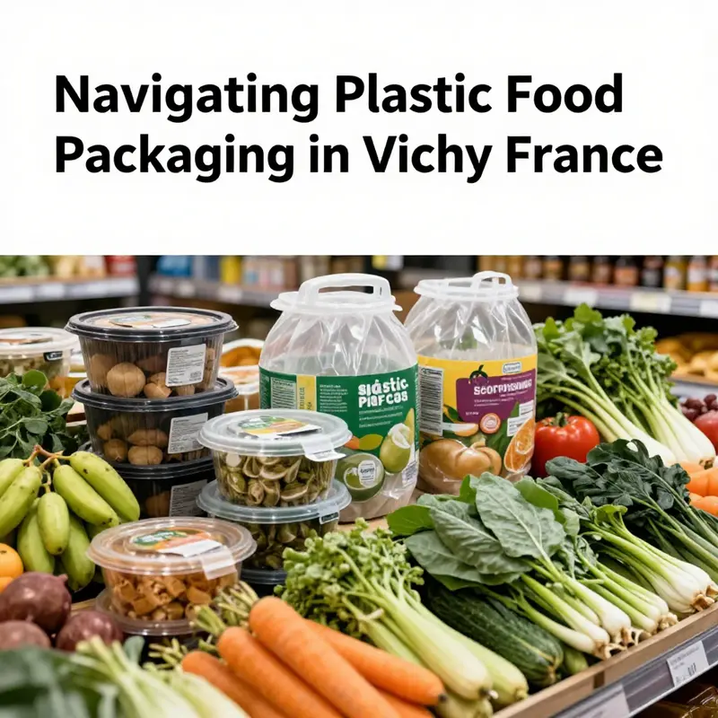 Diverse sustainable plastic food packaging options available in Vichy, France.