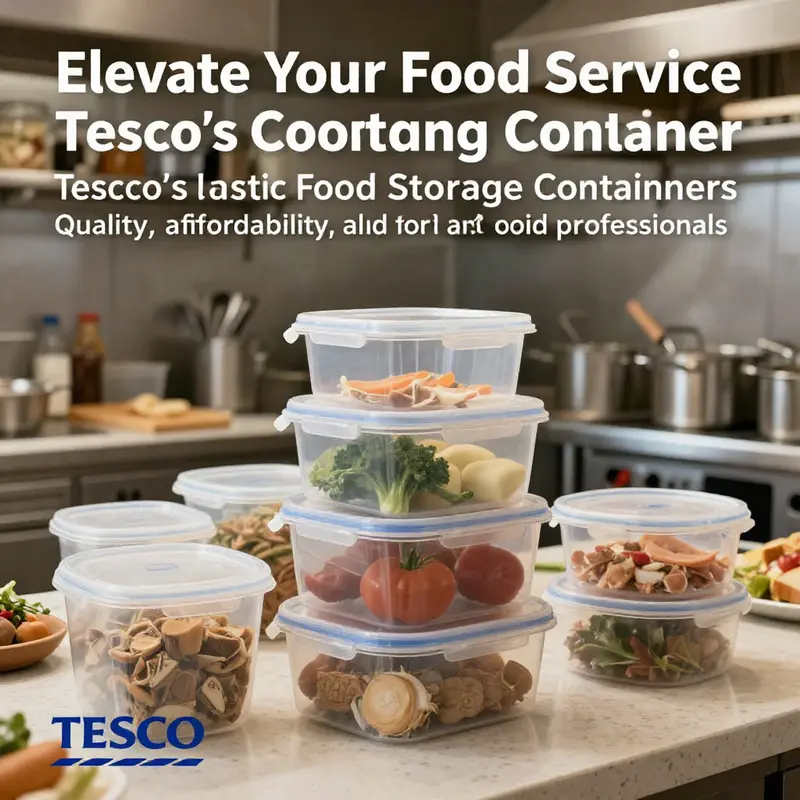 A busy kitchen scene featuring Tesco plastic food storage containers, highlighting their professional use.