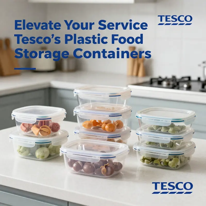 An array of Tesco plastic food storage containers, perfect for diverse food storage needs.