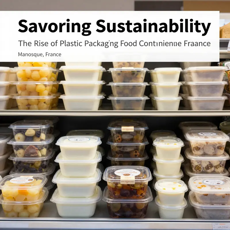 A vibrant scene of plastic food packaging containers at a market in Manosque, reflecting local culinary culture.