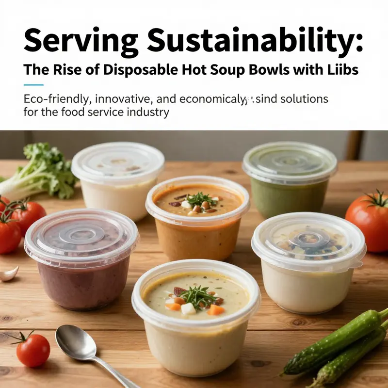 An appealing display of different flavors of hot soup in disposable bowls with lids on a rustic table.