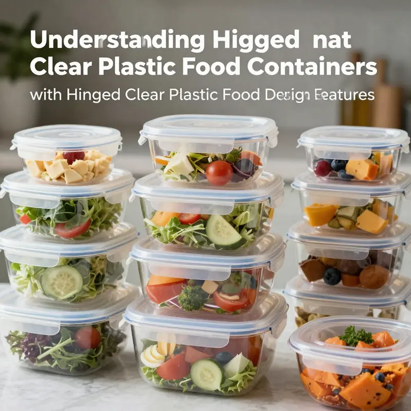 Diverse sizes of hinged clear plastic food containers expertly displaying food items.